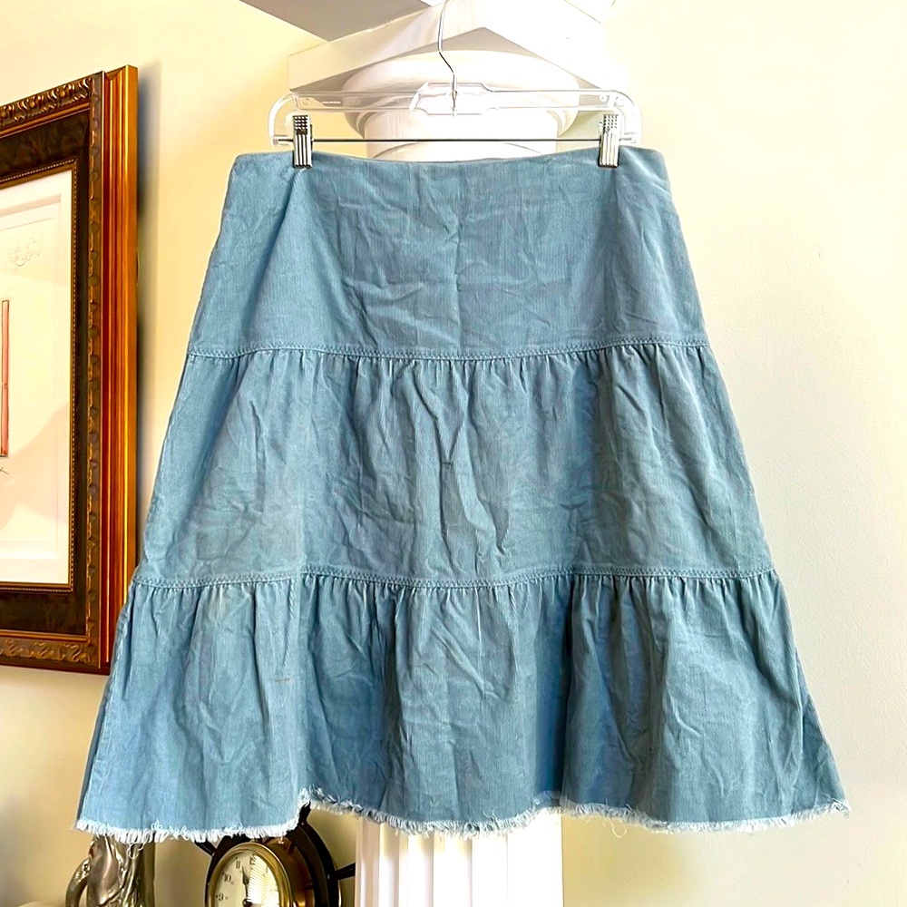 Boden Light Teal Blue Tiered Corduroy MIDI Skirt Raw Hem🌸